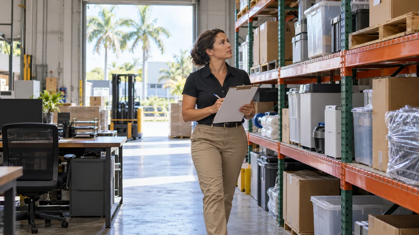 An office manager walks through a small warehouse with a clipboard counting shelving, desks and equipment